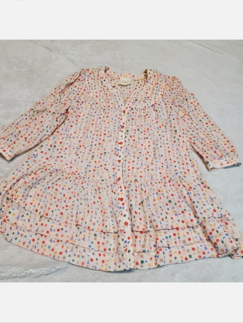 Anthropologie Maeve‎ Cream Geometric Dot Artsy Ruffle Flowy Tunic Top Blouse XS